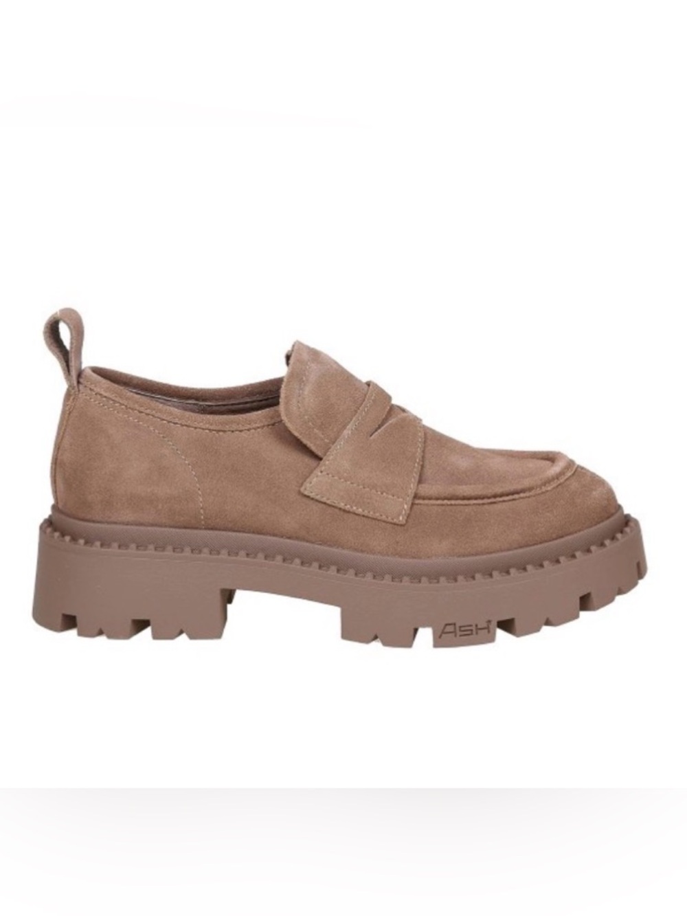 Ash Taupe Suede Lug-Sole Penny Loafers platform size 9